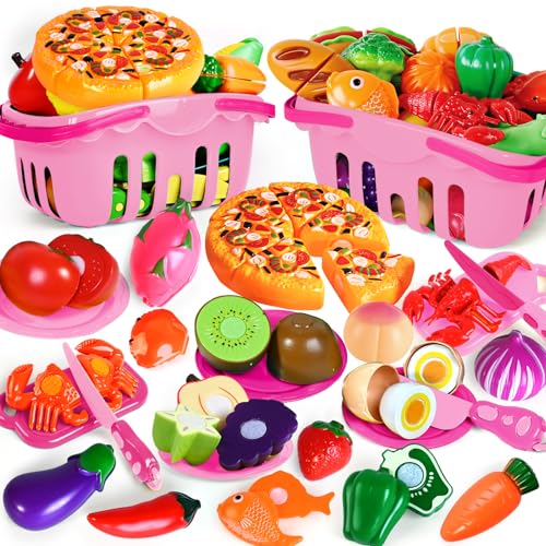 100 Pcs Play Food Set for Kids Kitchen, Pretend Food Toy for Toddlers Age 1-3, Plastics Cutting Fake Food/ Fruit/ Vegetable Accessories with 2 Baskets, Birthday Gifts for 2 3 4 5 Years Old Boys Girls
