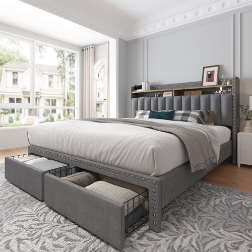 EnHomee King Size Bed Frame with 2-Tier Storage Headboard, Upholstered Platform Bed Frame with 2 Storage Drawers, Sturdy Wooden Slats Support, Noise-Free, No Box Spring Needed, Beige