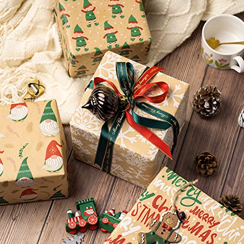RUSPEPA Christmas Kraft Wrapping Paper - Owl, Reindeer, Christmas Ball and Text Design - 4 Rolls - 30 inches x 10 feet per Roll