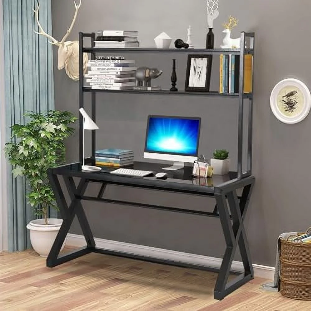 YZboomLife Computer Desk with Shelves - Glass Top and Metal Frame White Desk with 2 Tiers Shelves Modern Computer Desk with  Shelves for Home Office (55.1 inch+Shelves)