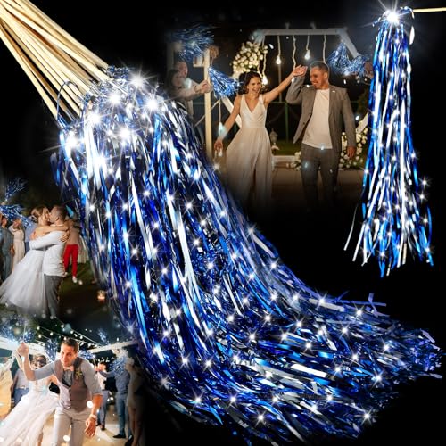 24 Pcs Lighted Wedding Wands LED Tinsel Wands Light up Streamers Sparklers for Wedding Send Off and Exits Birthday Party Props Favors(White Tinsel)