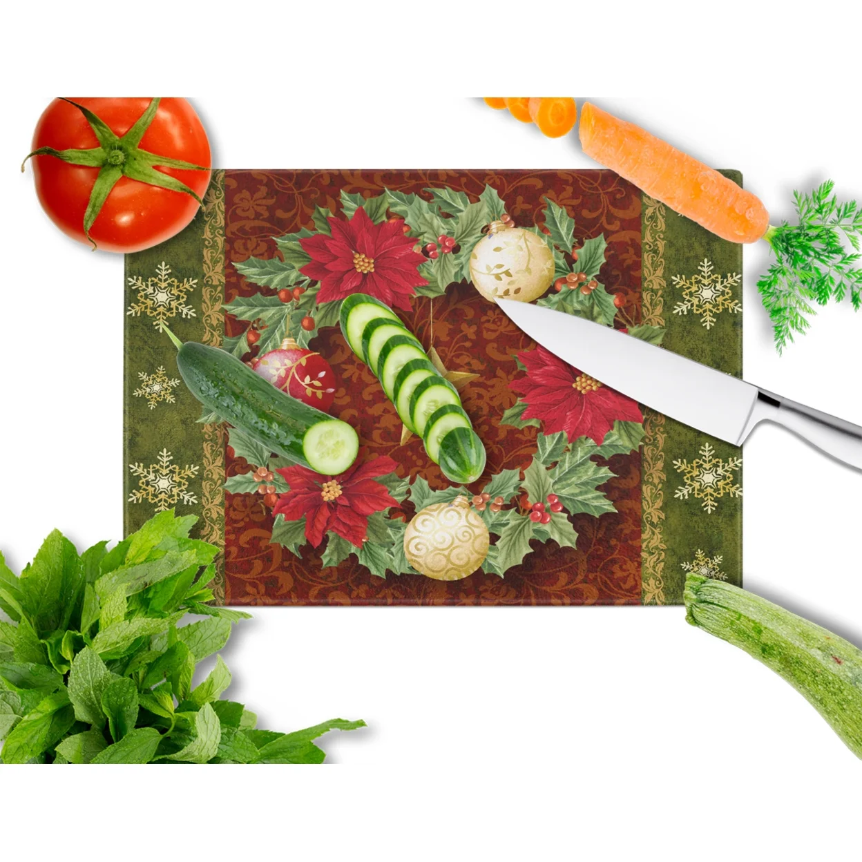 Caroline's Treasures Holly Wreath with Christmas Ornaments Glass Cutting Board Large