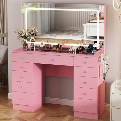 Vanity Desk with Mirror and Lights, 11 Drawers Makeup Vanity Desk with Tempered Glass top, 3 Lighting Modes Adjustable Brightness, White Vanity with Magnetic 5X Magnifier for Bedroom