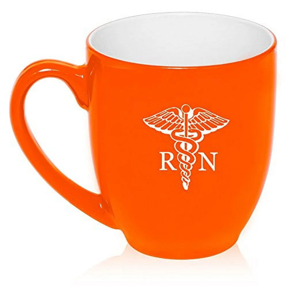 16 oz Large Bistro Mug Ceramic Coffee Tea Glass Cup RN Registered Nurse Caduceus (Orange)