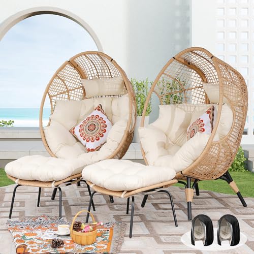 NICESOUL Egg Chair Indoor Outdoor, Large Egg Lounge Chair w/Ottoman, Oversized Comfy Cushioned Brid Cage Seat 440lbs, Boho Nest Seat with Footstool for Patio, Bedroom, Lawn, Backyard, Brown