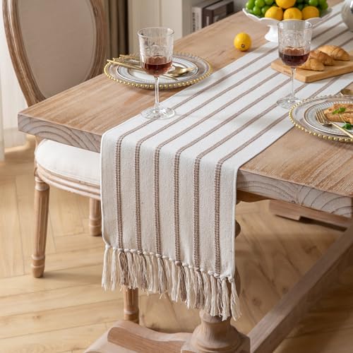 Caflife Christmas Table Runner 72 Inchs Long, Cotton and Linen Woven with Tassels, for Modern Rustic Farmhouse Boho Red Table Runners, Holiday Kitchen Dining Table Home Christmas Decor