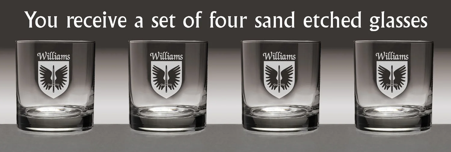 Williams Irish Coat of Arms Tumbler Glasses - Set of 4 (Sand Etched)