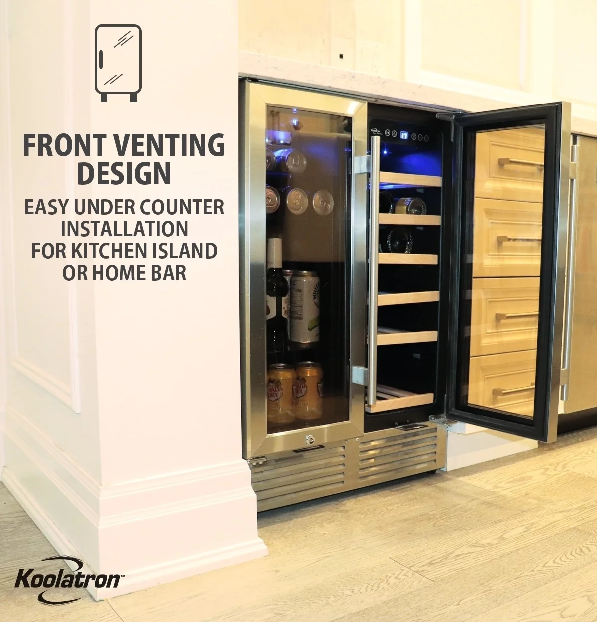 Koolatron 18 Bottles and 56 Cans Built-In Under-Counter 24 Inch Dual Zone Wine Cooler and Beverage Fridge