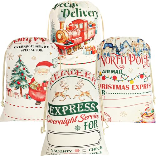 WorldBazaar 4 Pack Large Christmas Canvas Gift Bags with Drawstring Reusable From Santa Sacks for Holiday Presents and Christmas Party Supplies