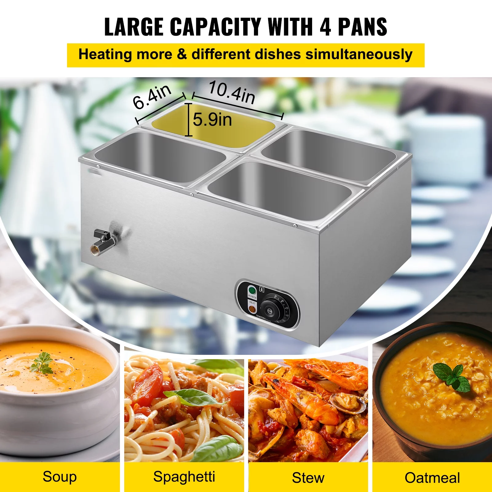 BENTISM 110V Commercial Food Warmer 4x1/4GN, 4-Pan Stainless Steel Bain Marie 24 Qt Capacity,1500W Steam Table 15cm/6inch Deep,Temp. Control 86-185℃, Electric Soup Warmer with Lids & 2 Ladles