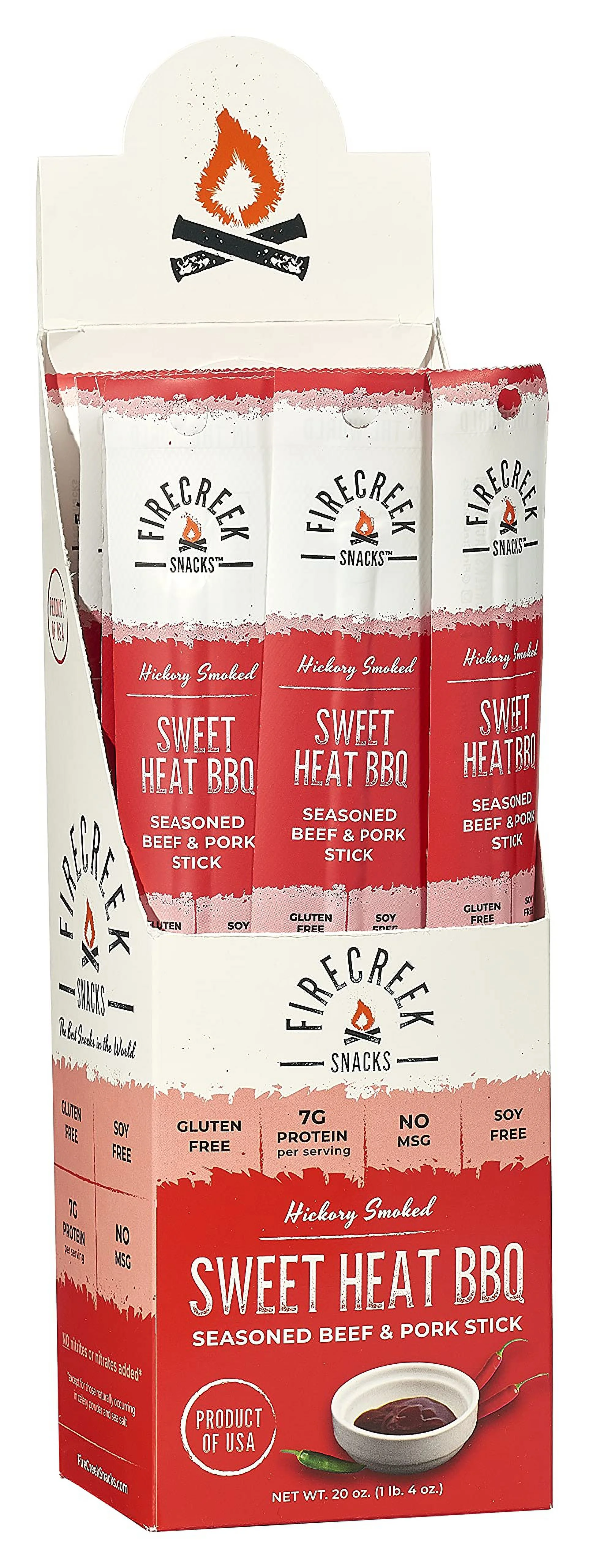 FireCreek Snacks Sweet Heat BBQ Beef Jerky Stick, Low Carb 1 ounce Meat Stick, 20 Count, Red