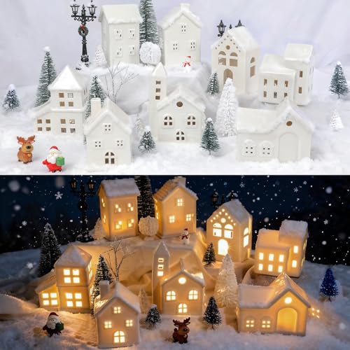 30 Pcs LED Christmas Village Set, 8 Ceramic Christmas Village Houses 17 Xmas Trees 2 Lamp Post with Snowman Santa Claus Deer Farmhouse Scenes Decor for Tabletop Mantel Holiday Display Gift