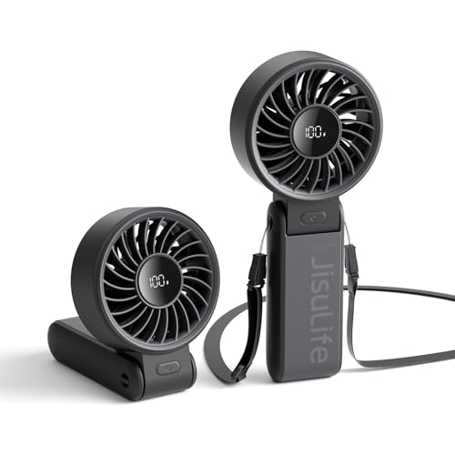 JISULIFE Handheld Fan Life7 – Ultimate Flexibility: High-Power Motor, LED Display, 19.5 Hrs Cooling, 5000mAh Rechargeable, 5-Speed, Foldable Design, 3-IN-1 Portable Fan for Travel Cruise Beach(Black)