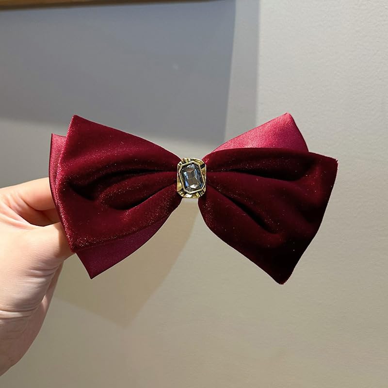 Generic Red velvet bow hair clip Vintage gentle hair accessories back head large spring clip, 1 Count (Pack of 1)