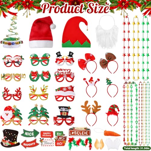 Zubebe 55 Pcs Christmas Photo Booth Props DIY Kit Selfie Props Accessories Christmas Hats Headband Glasses Scarves Paper Photo Booth Xmas Theme Photography Backdrop Decor Xmas Party Supplies