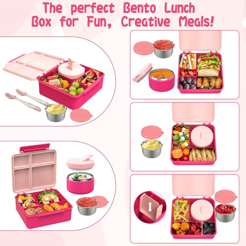 Kids Bento Lunch Box with 8oz Soup Thermo, Kids Leakproof Lunch Food Containers with 4 Compartment,Insulated Hot Food Jar with Lunch Bag for School, Trvael (Pink)