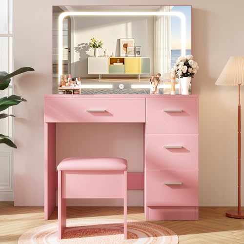 Vanity Desk with LED Mirror, Makeup Vanity with Drawer and Cushion Stool, Dressing Table for Bedrrom, White