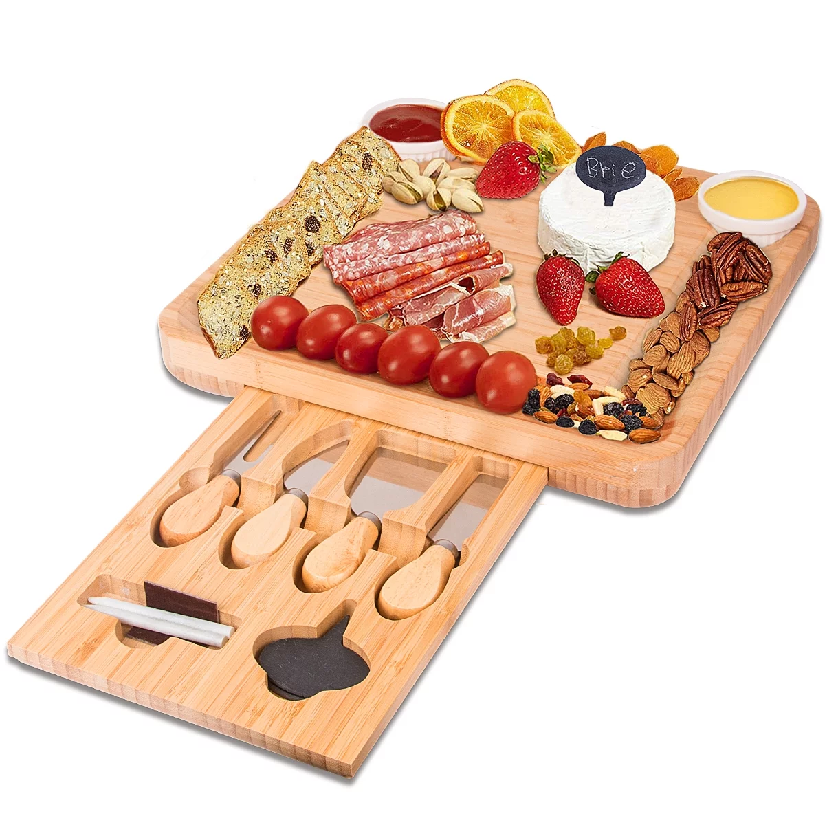 Cheese Board Gifts Set: Bamboo Large Charcuterie Boards, 4 Stainless Steel Cheese Knife & Serving Tray - Mothers Day Gift, Wedding Gifts, Housewarming Gift, Birthday Gifts