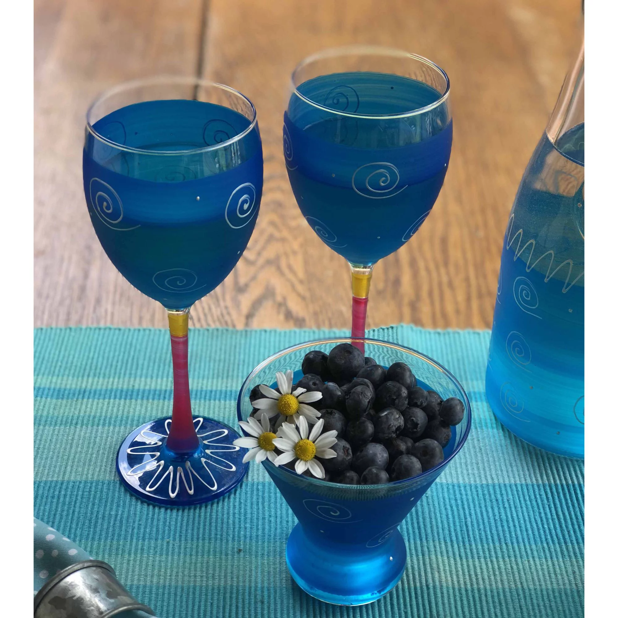Crafted Creations Set of 2 Turquoise Hand Painted Cosmopolitan Wine Glass 8.25 oz.
