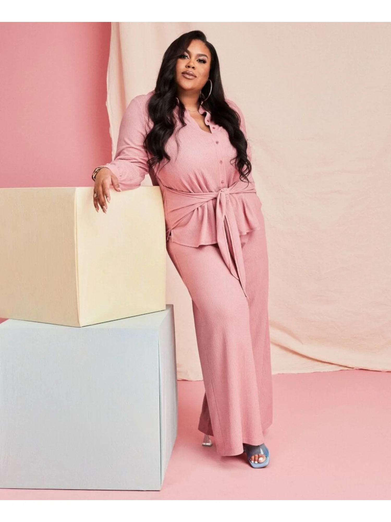 NINA PARKER Womens Pink Textured Unlined Tie Waist Cuffed Sleeve Collared Tunic Top Plus 3X