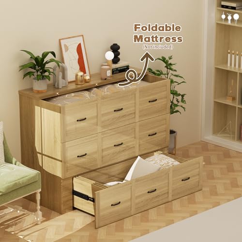 Full Size Murphy Bed Wood Wall Bed Cabinet with Large Drawer Space-Saving Hidden Foldable Platform Bed Chest Mobile Cabinet Bed Frame Storage Cabinet with USB Ports for Bedroom, Guest Room,Natural