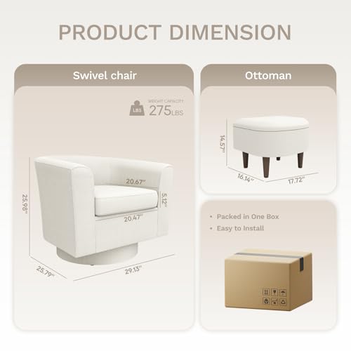 COLAMY Upholstered Swivel Barrel Accent Chair with Ottoman, Modern Single Sofa Lounge Armchair Club Chair with Storage Space for Living Room Bedroom Office, Beige