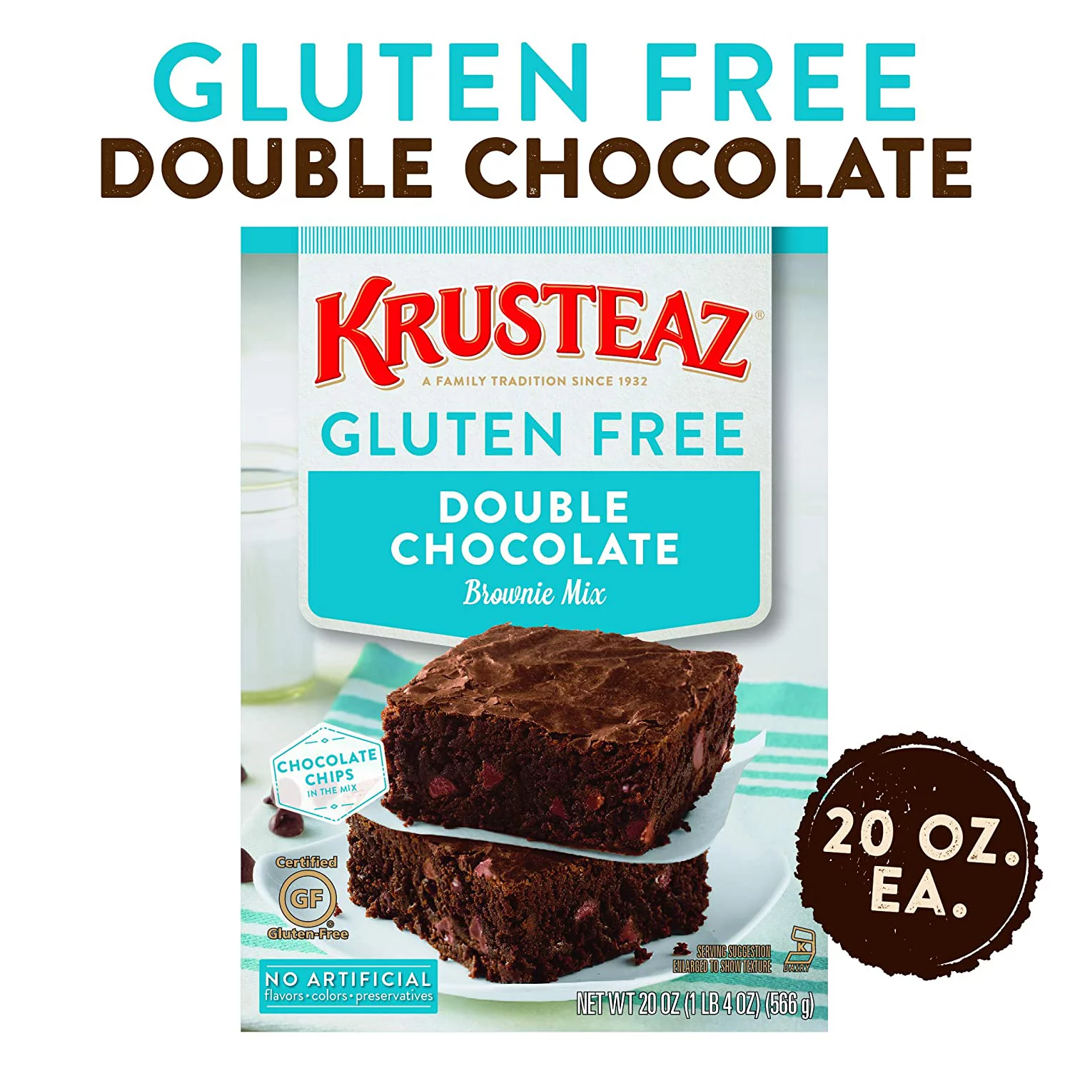 Krusteaz Gluten Free Baking Mix, Double Chocolate Brownie Mix, Gluten Free with No Artificial Flavors, Colors or Preservatives, 20-Ounce Box (Pack of 3)