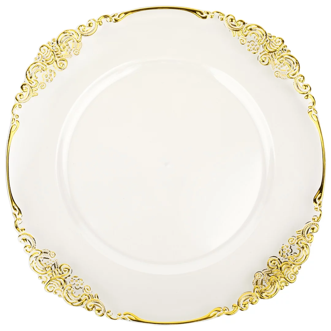 Koyal Wholesale Clear Acrylic Vintage Charger Plates with Gold Rim for Weddings Birthdays Quinceaneras Events Set of 4