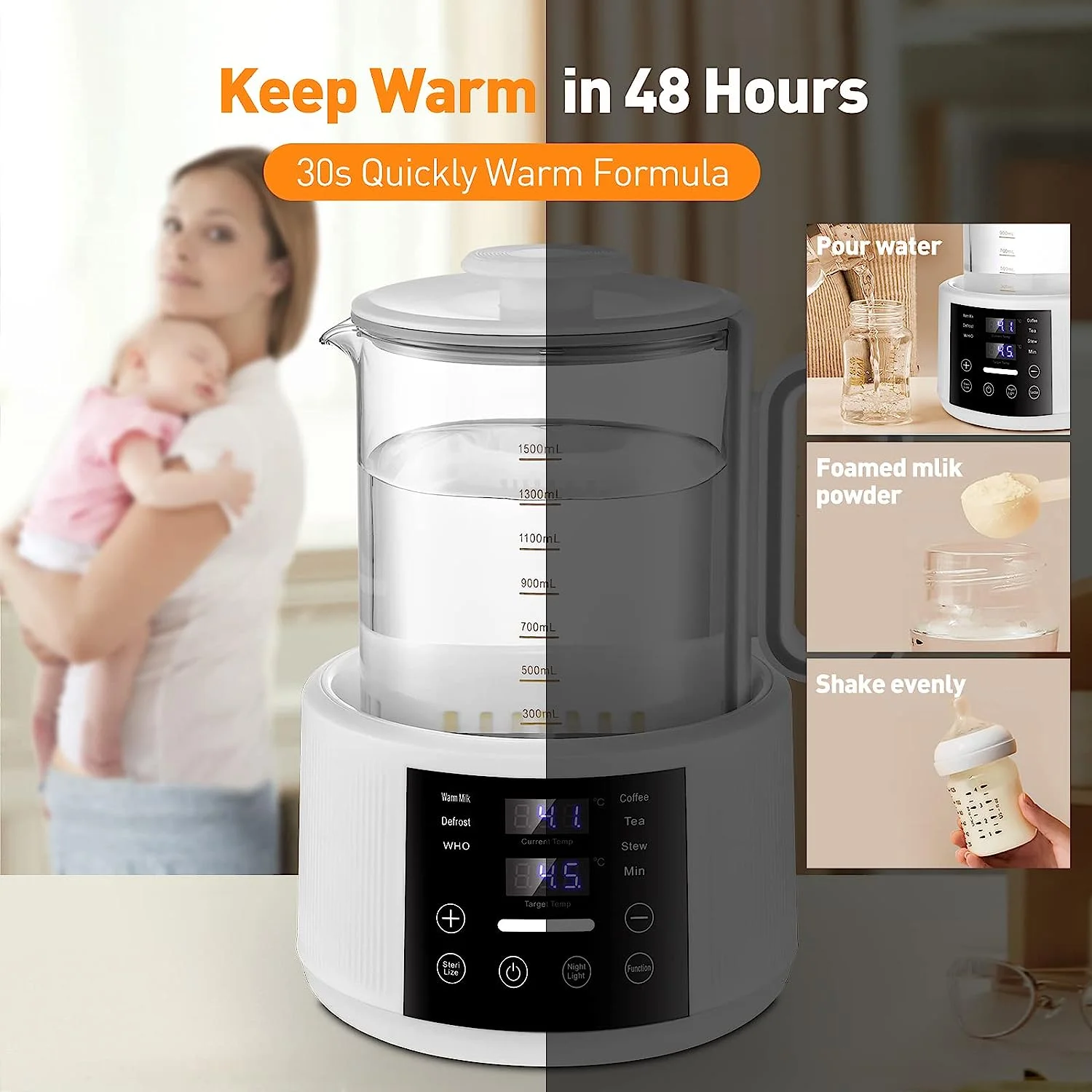 COOLCOOK 1.5L Electric Kettle with 48H Constant Temperature &  Night Light