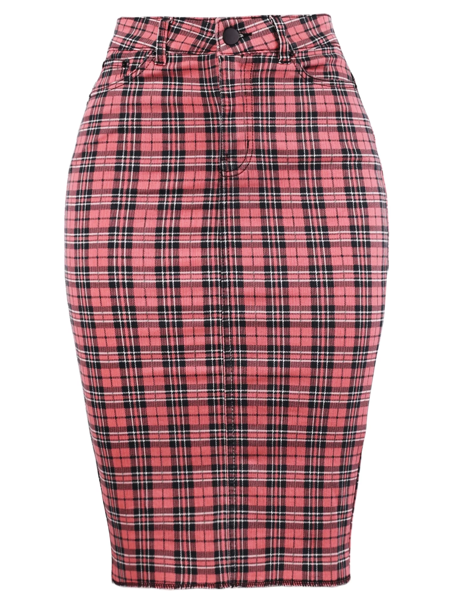 A2Y Women's Slim Fit Rayon Knee Length Back Slit Denim Jean Pencil Skirt Pink Plaid Check M