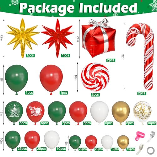 Ouddy Life Christmas Balloon Garland Arch Kit, 174 pcs Red Green White Metallic Gold Balloons Candy Cane Gift Box Star Foil Balloons for Christmas Party Decorations Xmas Baby Shower New Year Decor
