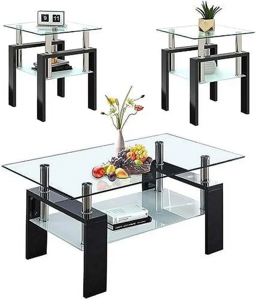 KBANZIBIU Glass Coffee Table End Table Sets of 3 for Living Room  Mordern Sofa Side Tables with   Corner Table White Metal Leg  Rectangle Tempered Center Table Home  Set (White-B)