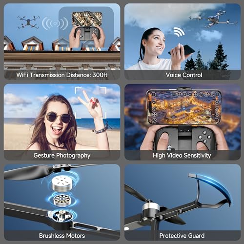Drones with Camera for Adults 4K Brushless Motor Drone for Kids Beginners, FPV Foldable RC Quadcopter with Propeller Guards, 2 Batteries, 1500mAh, 130° Lens, WiFi, Voice Control, Gesture Photography, Gift Toys for Men Boys