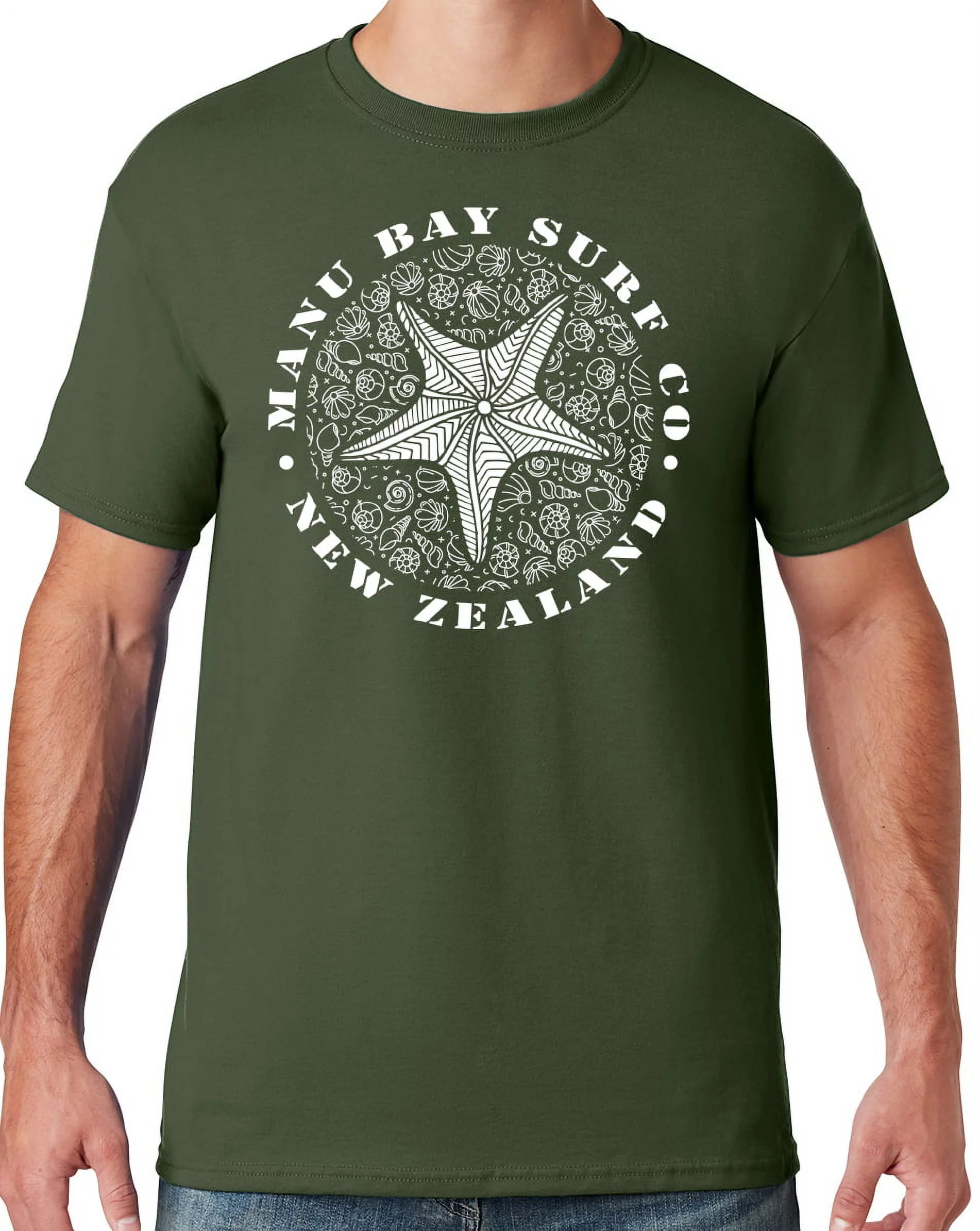 Mens Manu Bay Surf Company WHITE STARFISH T-shirt, 2XL Military Green