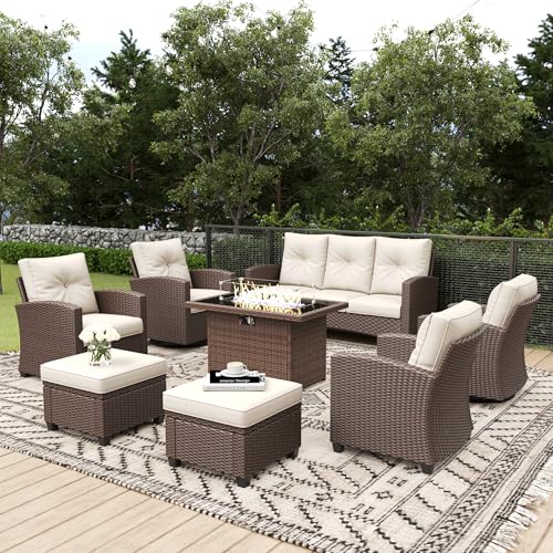 4 Pieces Patio Furniture Set with Fire Pit Table, Outdoor Wicker Rattan Swivel Chair Sets Thick Cushion All Weather for Deck Outside and Poolside