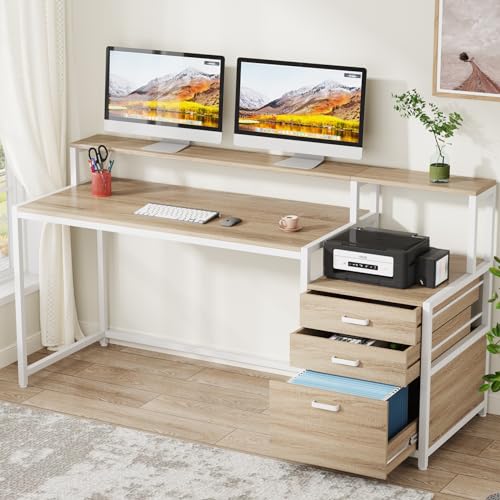Tribesigns 63 Inch Computer Desk with File Drawer Cabinet, Ergonomic Office Desk with Monitor Stand, Industrial Computer Table with Printer Space, Wood PC Table Workstation Desks for Home Office
