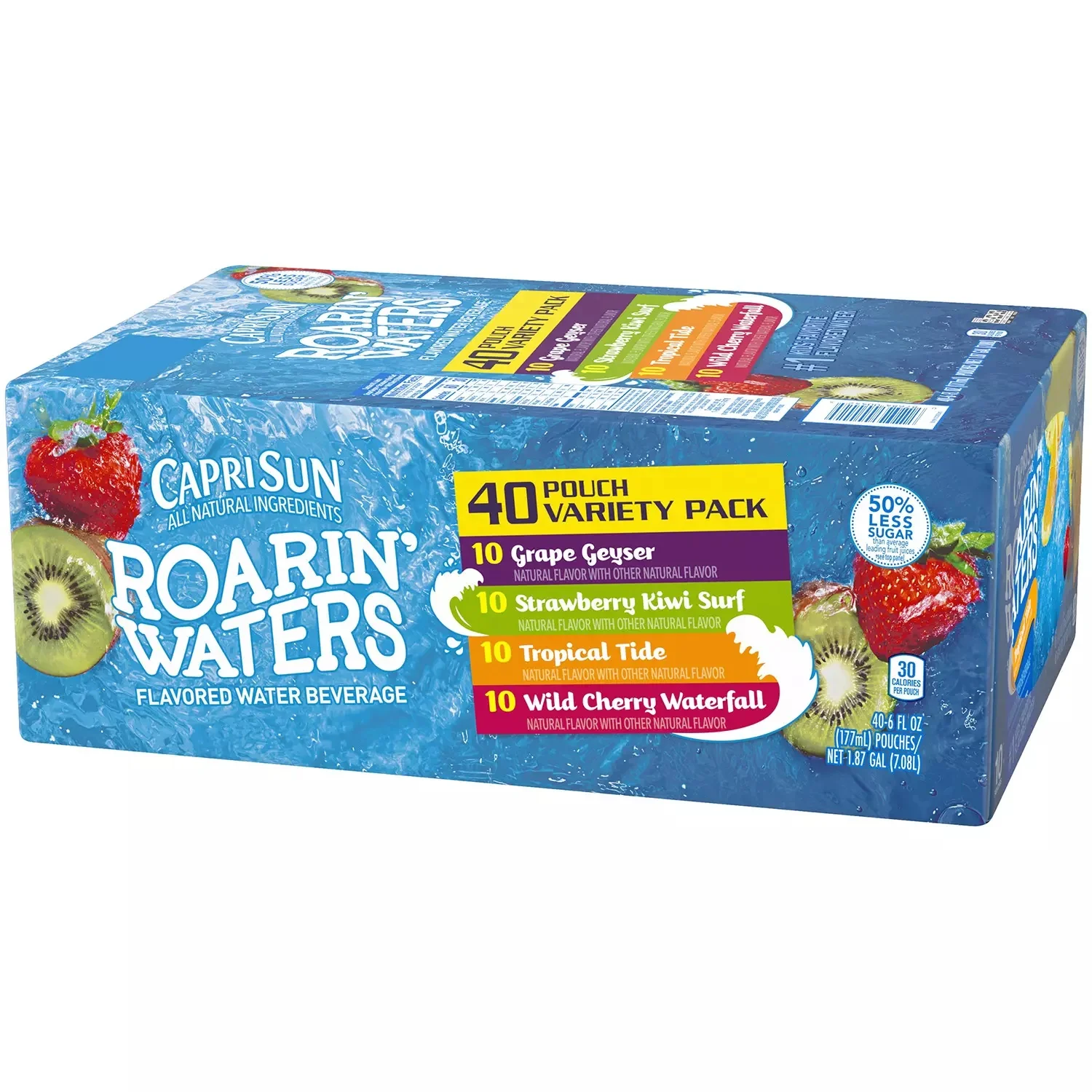 Capri Sun Roarin' Waters Grape Geyser, Strawberry Kiwi Surf, Tropical Tide & Wild Cherry Waterfall Naturally Flavored Water Beverage Variety Pack, 40 ct Box, 6 fl oz Pouches