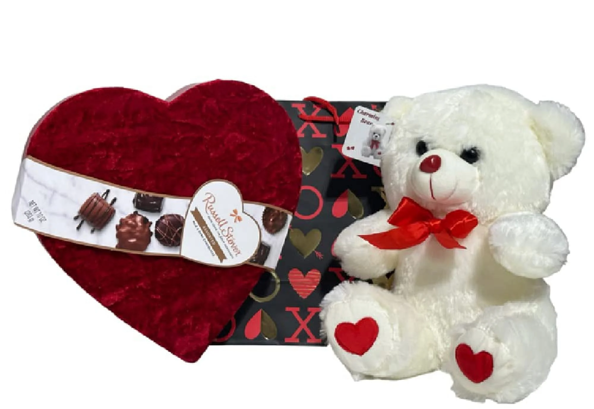 Valentines Stover Velvet Heart Assorted Milk & Dark Chocolates, 17 Count, 10.0 Oz Or A Dozen Belgian Milk Chocolate Roses With A Charming Bear And Gift Bag ( Stover Velvet Heart Assorte