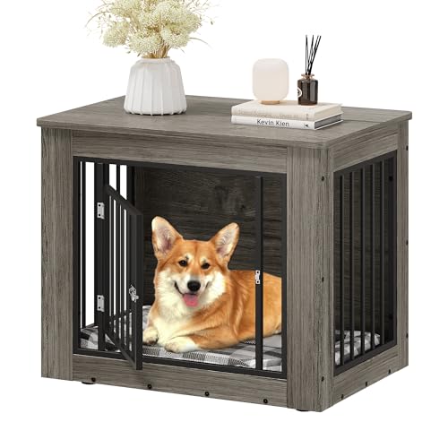 YITAHOME Dog Crate Furniture for Medium Dogs, Side End Table, Modern Dogs Kennel Indoor up to 35 lb, 2-in-1 Iron-Wood Fusion Dog Cage with Waterproof Top, Safety Corners,Steel Lock,30