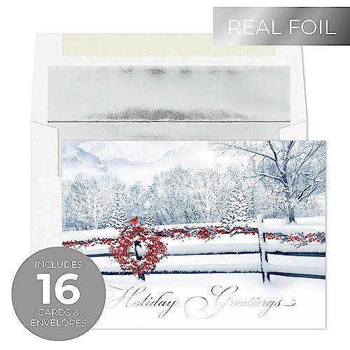 Masterpiece Holiday Greetings Trimmed In Scarlet Christmas Cards / 16 Boxed Snowy Cardinal Wreath Holiday Cards With Silver Foil Lined Envelopes / 5 5/8
