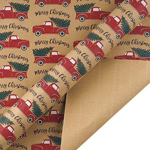 RUSPEPA Christmas Kraft Wrapping Paper - Owl, Reindeer, Christmas Ball and Text Design - 4 Rolls - 30 inches x 10 feet per Roll