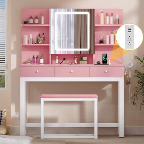 DWVO Vanity Desk with Lights, LED Mirror and Power Outlet, Adjustable 3 Color Lights Modes, Dressing Table with Chair, Makeup Table Set with Hidden Storage Shelves, 3 Drawers, Upgraded, White