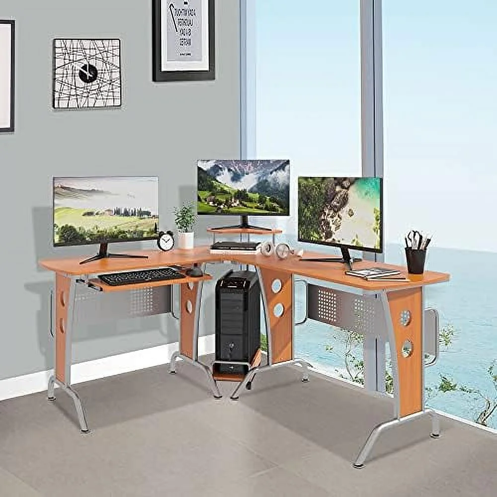 L-Shaped Corner Computer Office Desk Workstation with Elevated Shelf  Rolling Keyboard Tray  & Convenient CPU Stand  Wood Color