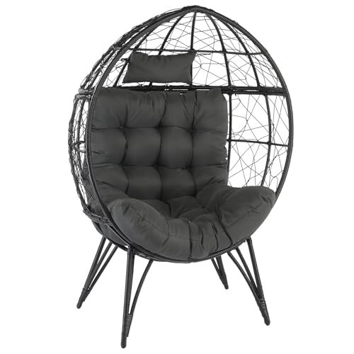 VINGLI Outdoor Egg Chair Oversized Lounge Chair with Cushions, Wicker Chair Indoor for Patio Porch, Backyard, Living Room, Balcony, 600lb Capacity (Black)