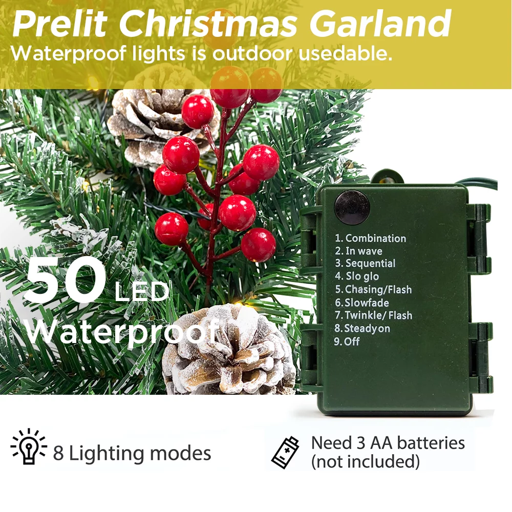9ft Pre-Lit Christmas Garland with 50 Waterproof LED Light and Pine Cones and Berries, 220 Branches Battery Operated Christmas Garland  Decoration for Xmas Holiday Party
