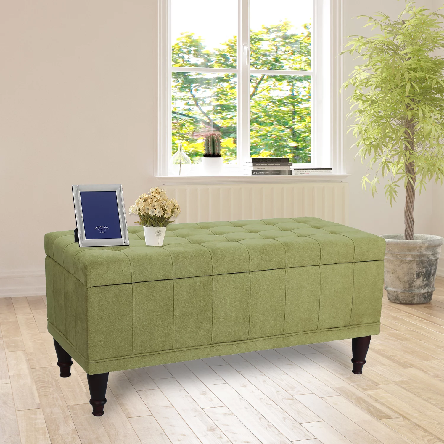 Homebeez Storage Ottoman Bench with Hinges,Upholstered Foot Rest Ottoman,Storage Chest,Green