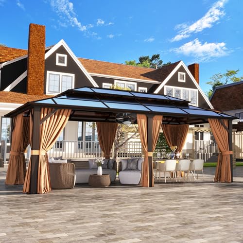 Aoxun 12'x16' Hardtop Gazebo, Aluminum Frame Permanent Pavilion with Curtains and Netting, Outdoor Polycarbonate Double Roof Canopy, Designed for Garden, Lawns, Patio