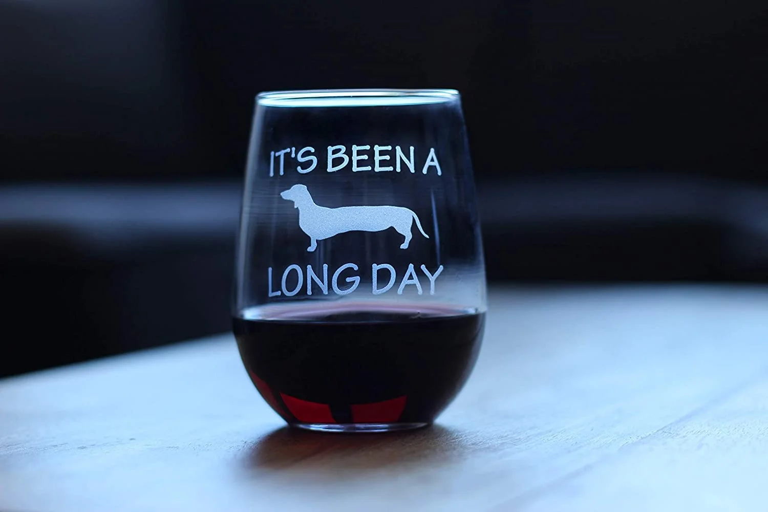 Long Day – Cute Funny Dachshund Stemless Wine Glass, Large Glasses, Etched Sayings, Gift Box