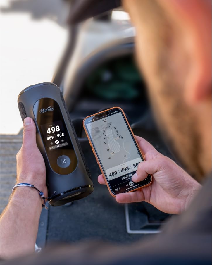 Blue Tees Golf Player+ GPS Speaker with Touch Screen Display, 10+ Hours Battery, 40,000+ Courses, Visual + Audible Distance, Hazard Distance - IPX7 Waterproof (Navy)