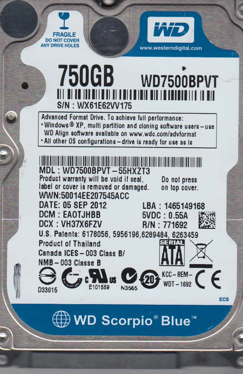 WD7500BPVT-55HXZT3, DCM EAOTJHBB, Western Digital 750GB SATA 2.5 Hard Drive